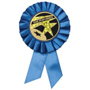 BLUE ROSETTE AWARD RIBBON WITH 2 INCH STAR PERFORMER AWARD MYLAR INSERT