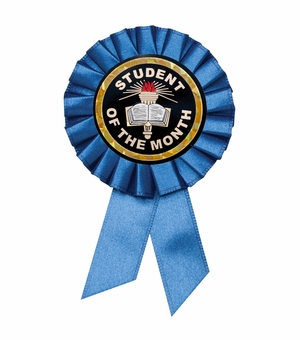 BLUE ROSETTE AWARD RIBBON WITH 2 INCH STUDENT OF THE MONTH MYLAR INSERT