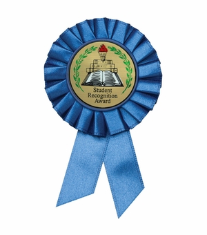 BLUE ROSETTE AWARD RIBBON WITH 2 INCH STUDENT RECOGNITION AWARD MYLAR INSERT