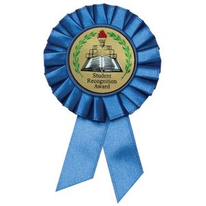 BLUE ROSETTE AWARD RIBBON WITH 2 INCH STUDENT RECOGNITION AWARD MYLAR INSERT