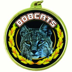 2-1/4 Inch in Diameter Round Gold and Mylar 'Bobcats' Sports Medal with Customizable Back