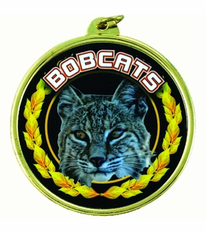 2-1/4 Inch in Diameter Round Gold and Mylar 'Bobcats' Sports Medal with Customizable Back