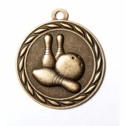 Metal 2-Inch in Diameter Round Bowling Medal with Cutomizable Back in Antique Brass