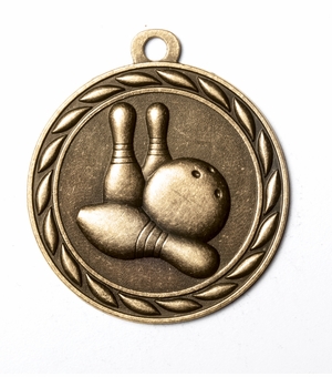 Metal 2-Inch in Diameter Round Bowling Medal with Cutomizable Back in Antique Brass