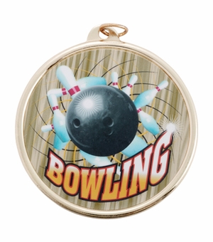 2-1/4 Inch in Diameter Round Gold Bowling Medal with Mylar Detailing and Customizable Back
