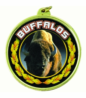 2-1/4 Inch in Diameter Round 'Buffalos' Sports Medal with Customizable Back in Gold and Mylar