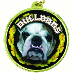 2-1/4 Inch in Diameter Round Gold 'Bulldogs' Sports Medal with Mylar Detailing and Customizable Back