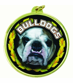 2-1/4 Inch in Diameter Round Gold 'Bulldogs' Sports Medal with Mylar Detailing and Customizable Back