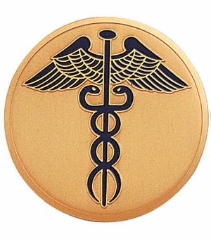 2-Inch in Diameter Round Etched-Enameled Metal Caduceus Themed Medallion Insert in Gold with Peel-and-Stick Back