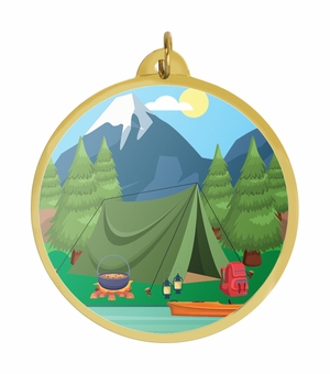2-1/4 Inch in Diameter Round Camping Medal with Mylar Detailing and Customizable Back