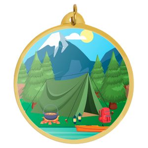 2-1/4 Inch in Diameter Round Camping Medal with Mylar Detailing and Customizable Back