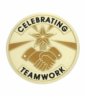 2-Inch in Diameter Round Etched-Enameled Metal Celebrating Teamwork Medallion Insert in Gold with Peel-and-Stick Back