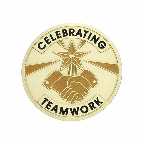 2-Inch in Diameter Round Etched-Enameled Metal Celebrating Teamwork Medallion Insert in Gold with Peel-and-Stick Back