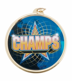 2-1/4 Inch in Diameter Round Gold and Mylar 'Champs' Medal with Customizable Back