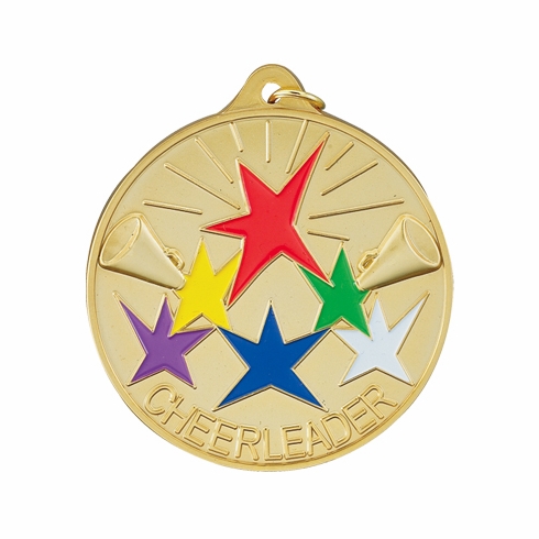 2-1/2 Inch Enameled Die-Cast Cheerleader Medal in Gold, Silver, or Bronze