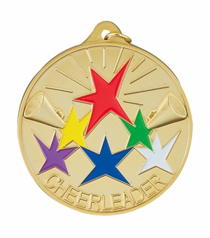 2-1/2 Inch Enameled Die-Cast Cheerleader Medal in Gold, Silver, or Bronze