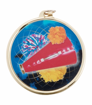 2-1/4 Inch in Diameter Round Cheerleading Medal with Mylar Detailing on Gold with Customizable Back