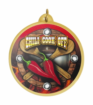 2-1/4 Inch in Diameter Round Chili Cook Off Medal with Mylar Detailing and Customizable Back