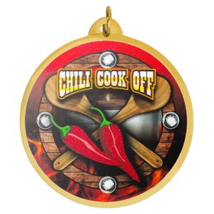 2-1/4 Inch in Diameter Round Chili Cook Off Medal with Mylar Detailing and Customizable Back
