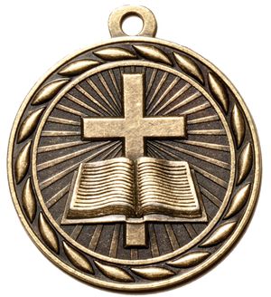 Metal 2-Inch in Diameter Round Christian School Medal with Cutomizable Back in Brass