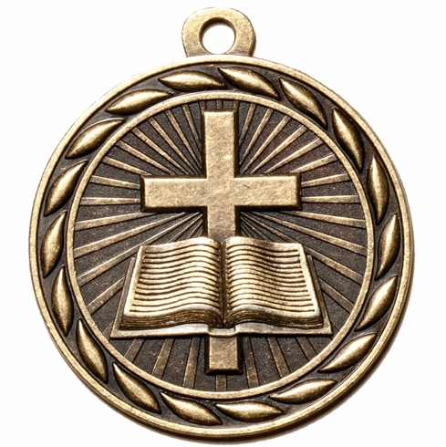Metal 2-Inch in Diameter Round Christian School Medal with Cutomizable Back in Brass