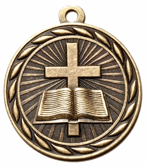 Metal 2-Inch in Diameter Round Christian School Medal with Cutomizable Back in Brass