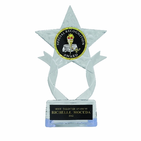 CLEAR ACRYLIC STAR TROPHY, 7-1/2 INCH, 2 INCH INSERT