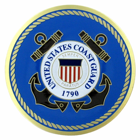 2-Inch in Diameter Round Etched-Enameled Metal Coast Guard Medallion Insert in Gold with Peel-and-Stick Back
