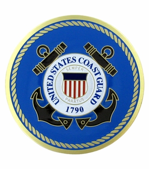 2-Inch in Diameter Round Etched-Enameled Metal Coast Guard Medallion Insert in Gold with Peel-and-Stick Back
