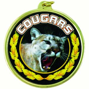 2-1/4 Inch in Diameter Round Mylar Detailed Gold 'Cougars' Medal with Customizable Back