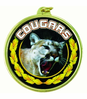 2-1/4 Inch in Diameter Round Mylar Detailed Gold 'Cougars' Medal with Customizable Back