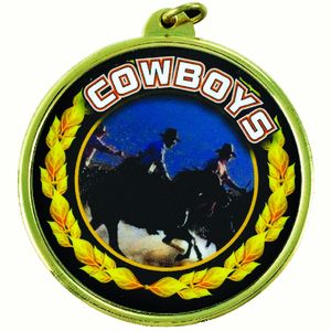 2-1/4 Inch in Diameter Round Detailed 'Cowboys' Sports Medal in Gold with Mylar Detailing and Customizable Back