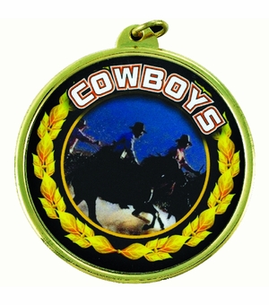 2-1/4 Inch in Diameter Round Detailed 'Cowboys' Sports Medal in Gold with Mylar Detailing and Customizable Back