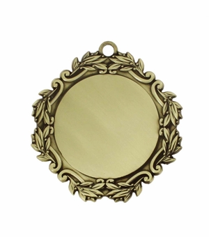 DECORATIVE MEDAL LEAF FRAME HOLDS 2 INCH MEDALLION INSERT ANTIQUE BRASS FINISH. 3 INCH DIAMETER.