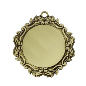 DECORATIVE MEDAL LEAF FRAME HOLDS 2 INCH MEDALLION INSERT ANTIQUE BRASS FINISH. 3 INCH DIAMETER.