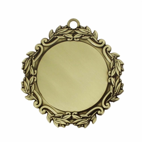 DECORATIVE MEDAL LEAF FRAME HOLDS 2 INCH MEDALLION INSERT ANTIQUE BRASS FINISH. 3 INCH DIAMETER.