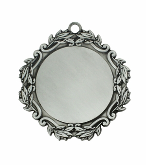 DECORATIVE MEDAL LEAF FRAME HOLDS 2 INCH MEDALLION INSERT, PEWTER FINISH. 3 INCH DIAMETER.