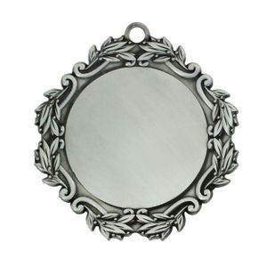 DECORATIVE MEDAL LEAF FRAME HOLDS 2 INCH MEDALLION INSERT, PEWTER FINISH. 3 INCH DIAMETER.