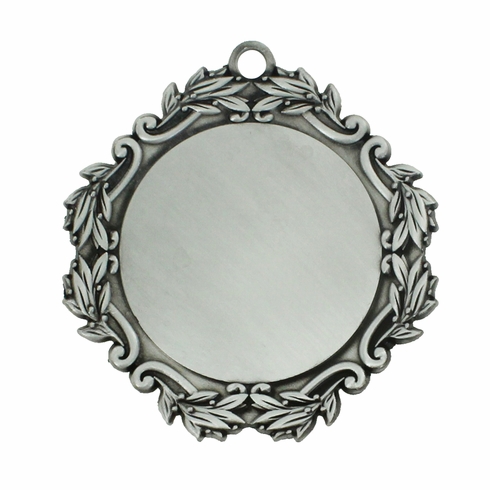 DECORATIVE MEDAL LEAF FRAME HOLDS 2 INCH MEDALLION INSERT, PEWTER FINISH. 3 INCH DIAMETER.