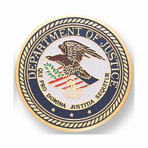 2-Inch in Diameter Round Etched-Enameled Metal Department of Justice Medallion Insert in Gold with Peel-and-Stick Back