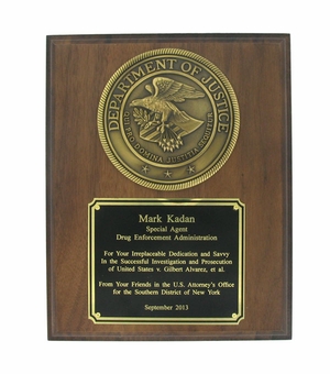 DEPARTMENT OF JUSTICE PLAQUE, GENUINE WALNUT, 8 X 10 INCHES