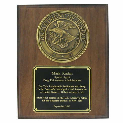 DEPARTMENT OF JUSTICE PLAQUE, GENUINE WALNUT, 8 X 10 INCHES