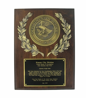 DEPARTMENT OF JUSTICE PLAQUE, GENUINE WALNUT, 9 X 12 INCHES