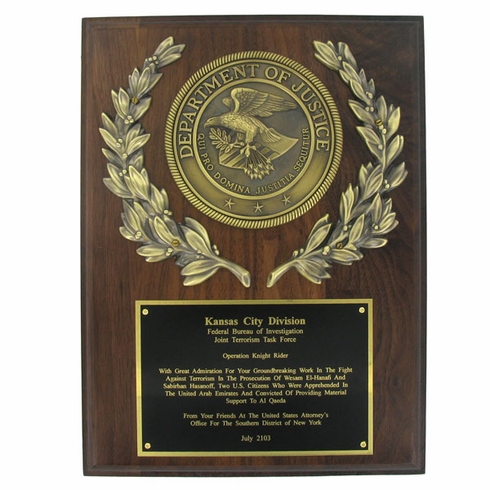 DEPARTMENT OF JUSTICE PLAQUE, GENUINE WALNUT, 9 X 12 INCHES