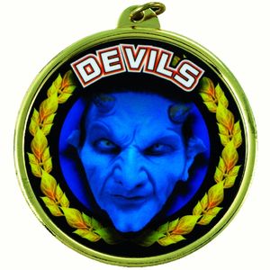 2-1/4 Inch in Diameter Round Blue 'Devils' Themed Gold and Mylar Sports Medal with Customizable Back