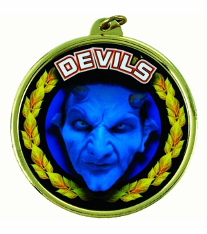 2-1/4 Inch in Diameter Round Blue 'Devils' Themed Gold and Mylar Sports Medal with Customizable Back