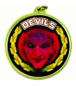 2-1/4 Inch in Diameter Round Red 'Devils' Themed Gold and Mylar Sports Medal with Customizable Back