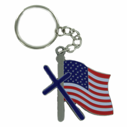DIE CAST CROSS WITH AMERICAN FLAG PEWTER KEY CHAIN