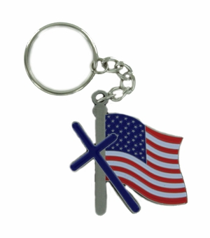 DIE CAST CROSS WITH AMERICAN FLAG PEWTER KEY CHAIN