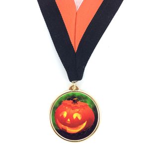 2-1/4 Inch in Diameter Round Iron Medal with 2 Inch Mylar Pumpkin Themed Insert and Ribbon